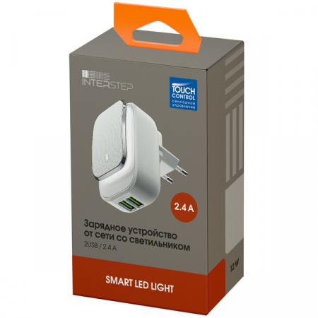 Сетевое зарядное устройство InterStep 2*USB 2,4A Smart LED White/Gray Strip