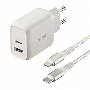 Сетевое зарядное устройство InterStep USB+TypeC(Быстр заряд 18Вт),каб 1,5м белый нейлон