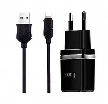 Черное сетевое зарядное устройство Hoco C12 2хUSB 2.4A + кабель Lightning