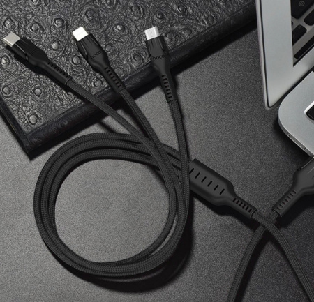 Черный USB-кабель 3в1 HOCO Lightning/USB Type-C/Micro USB 1.2 m